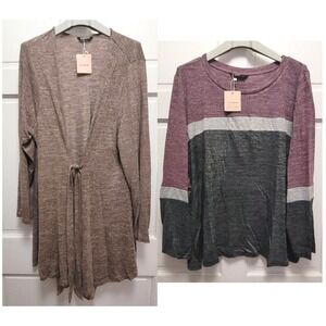 LOT: Bloomchic Brown Cardigan & Gray/Purple Stripe Sweater - Size 3X (22-24)